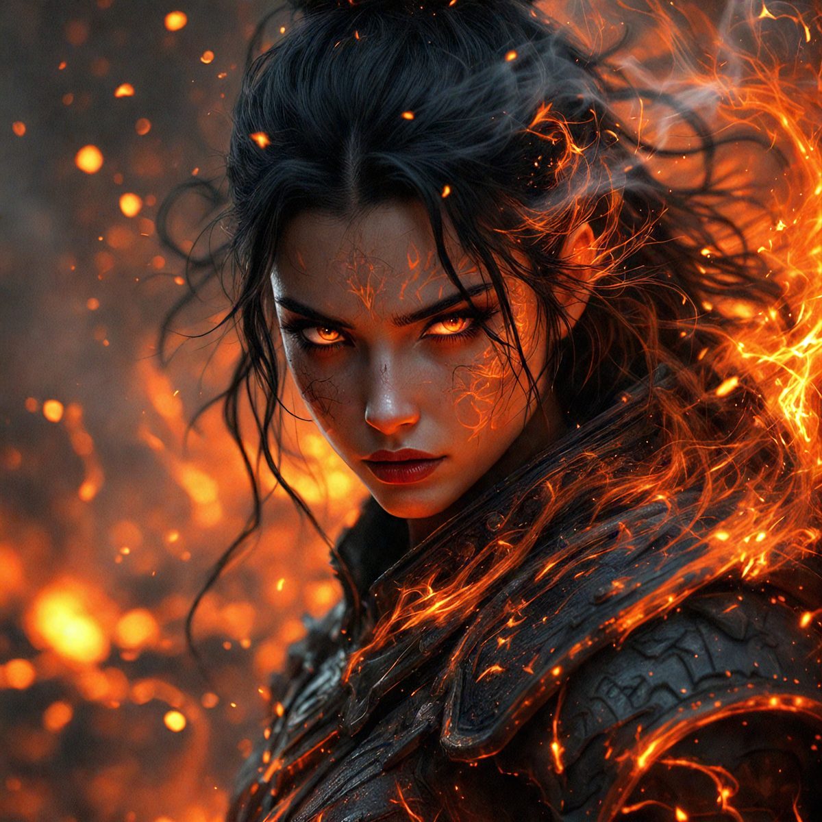 The primary subject of the image is a woman with long hair, wearing a black outfit and surrounded by fire. She has a demonic appearance, with her eyes glowing red. The setting is a dark, fiery environment, with the woman standing in the middle of the flames. The visual style is a digital art or illustration, creating a dramatic and intense atmosphere. The dominant colors are red and black, with the fire adding a sense of danger and intensity to the scene.
